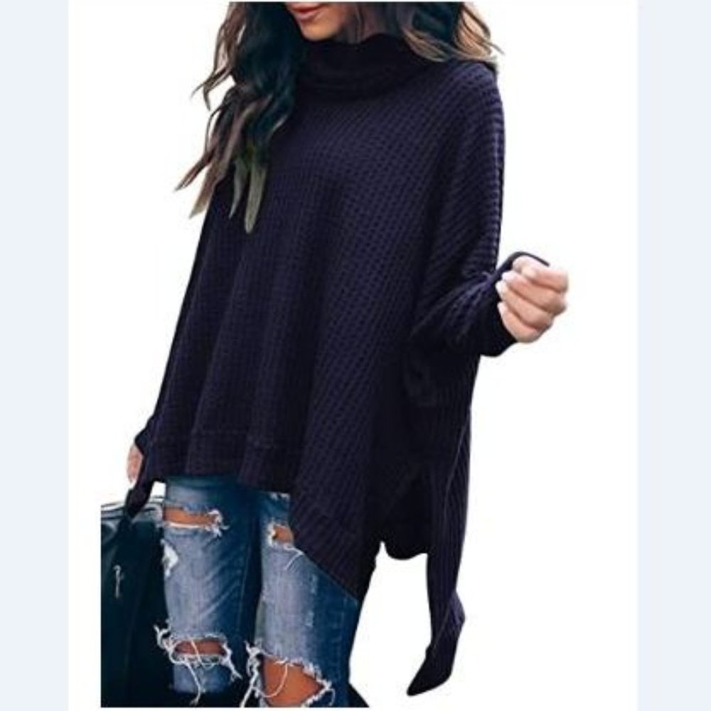 Turtleneck Sweater Tops Tunic Batwing Sleeve Navy